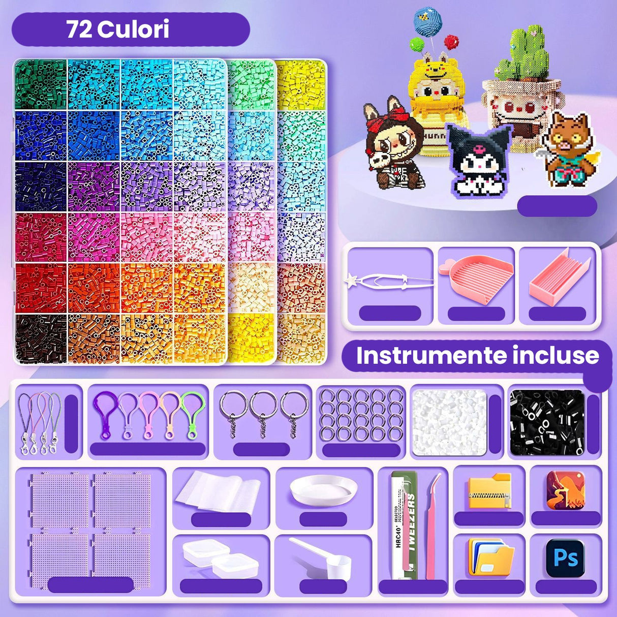 Kit de Margele Perle, Vivimall, Set DIY 3D din 72 de Culori, 6000 de piese, Instrumente pentru Margele Incluse, 2.6 mm in cutie, Multicolor - vivimall.ro