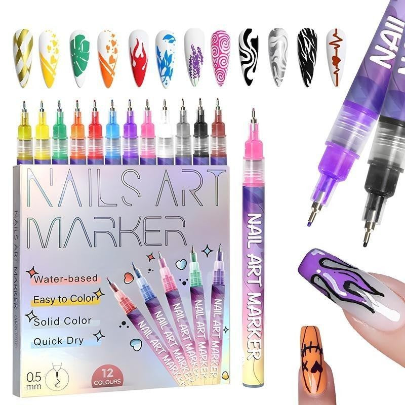 Kit complet nail art Flippy, 12 markere acrilice multicolor în ambalaj, vedere laterală