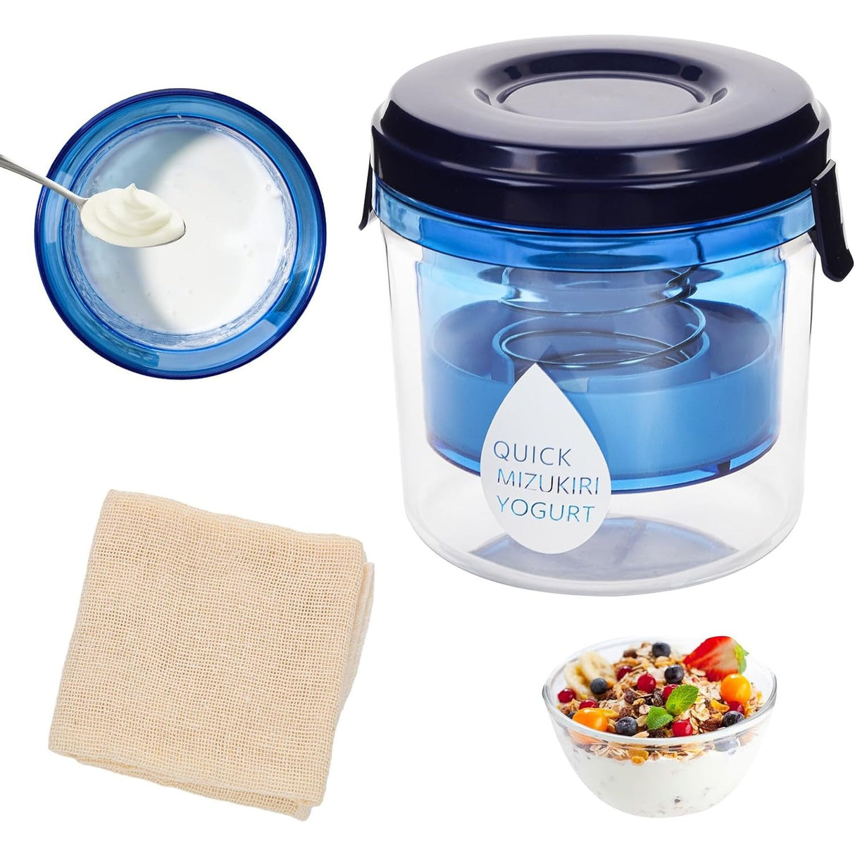 Kit Presa Pentru Branza, Vivimall, Filtru de Iaurt, Strecuratoare de Iaurt Grecesc, Filtru de Lapte, 15x14x15 cm, Albastru - vivimall.ro