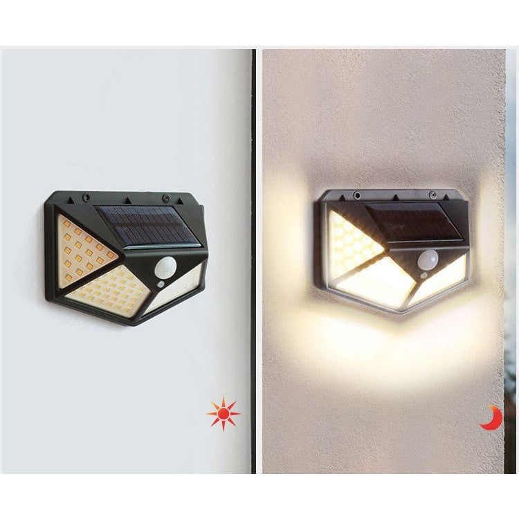 Lampa cu incarcare solara pentru exterior, 100 LED cu distanta de inductie, montaj pe perete, fara cabluri, cu 4 fete, Vivimall