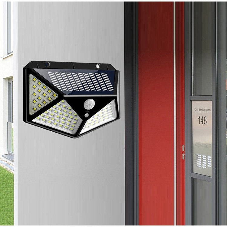 Lampa cu incarcare solara pentru exterior, 100 LED cu distanta de inductie, montaj pe perete, fara cabluri, cu 4 fete, Vivimall