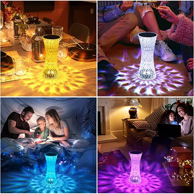 Lampa de birou pe LED RGB 16, Vivimall, dimmer tactil, 3 nivele de intensitate, incarcare USB, 3W, Cristal Acrilic, 8x19 cm, cu telecomanda, forma vaza, model 2, transparent - vivimall.ro