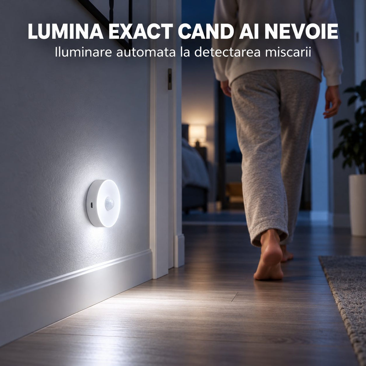 Lampa de Veghe LED, Flippy, cu Senzor de Miscare, 2 Moduri de Iluminare, Lumina Alba Rece, Acumulator 300 mAh, Incarcare USB, 0.6 W, Design Rotund, 8.5 x 2.3 cm, Alb