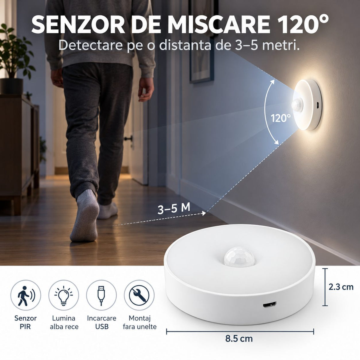 Lampa de Veghe LED, Flippy, cu Senzor de Miscare, 2 Moduri de Iluminare, Lumina Alba Rece, Acumulator 300 mAh, Incarcare USB, 0.6 W, Design Rotund, 8.5 x 2.3 cm, Alb