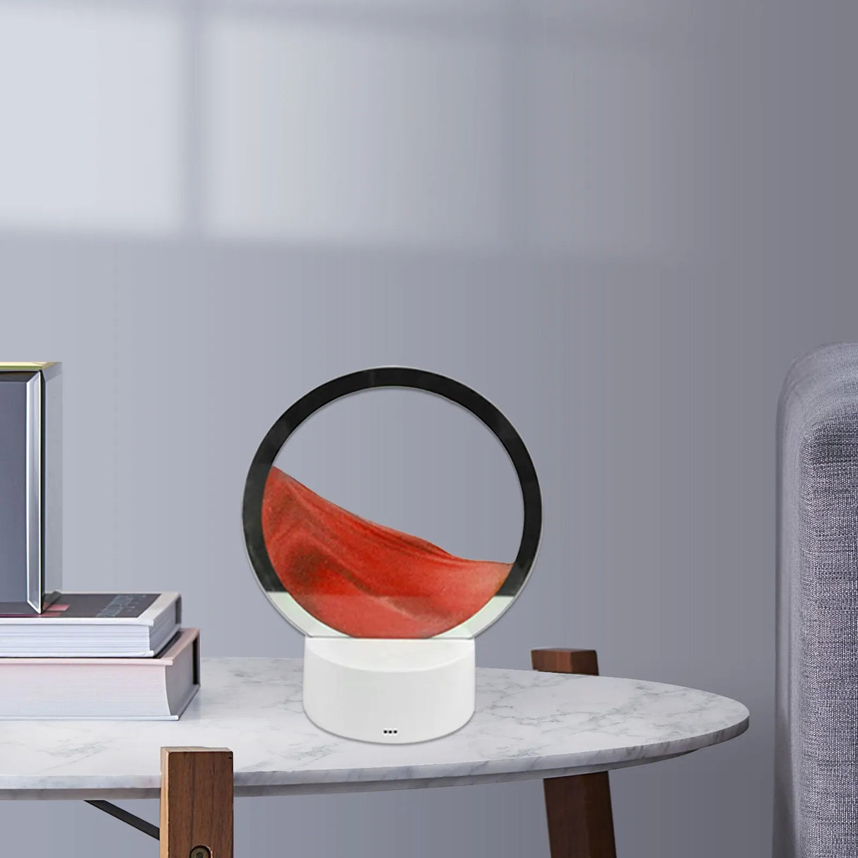 Lampa decorativa tip clepsidra Vivimall, imagine 3D dinamica, nisipuri miscatoare, 16 x 18.5 cm, Rosu - vivimall.ro