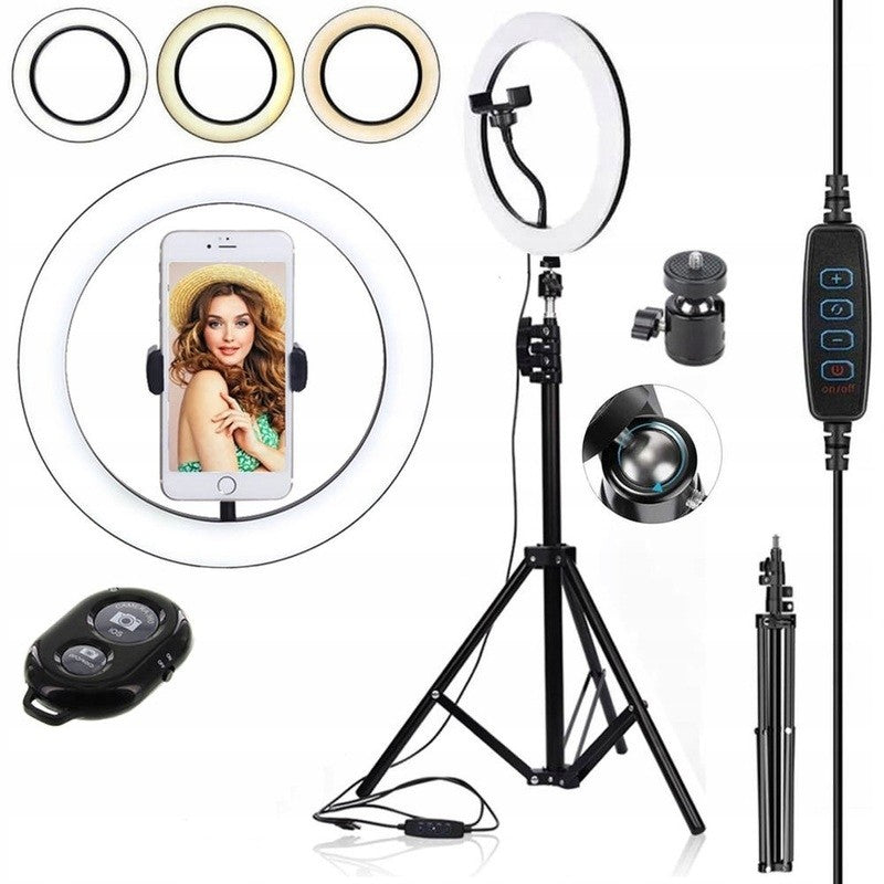 Lampa LED Circulara cu Trepied Metalic Extensibil, Flippy, Rotativa 360 de Grade, Lungime Extensie 210 cm, Diametru Lampa 26 cm, Conectare USB, Telecomanda, 3 Trepte de Lumina, Negru