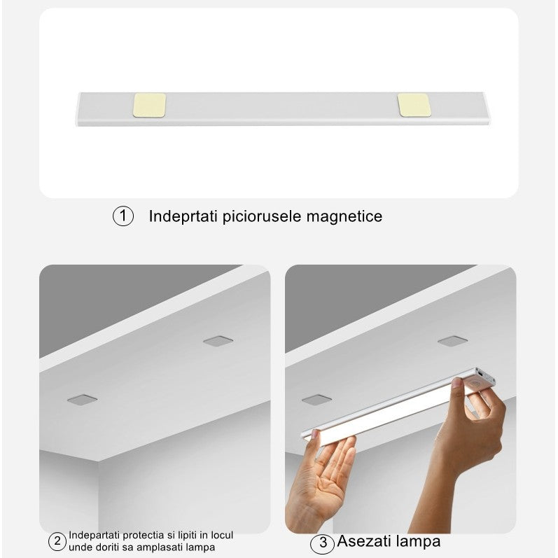 Lampa LED cu Senzor de Lumina si Miscare 30 cm, Flippy, Intensitate Reglabila, Suport Magnetic, 79 LED-uri, 114.59lm , Acumulator 600mAh cu Reincarcare prin USB-C, pentru Bucatarie, Hol, Dressing, Garaj