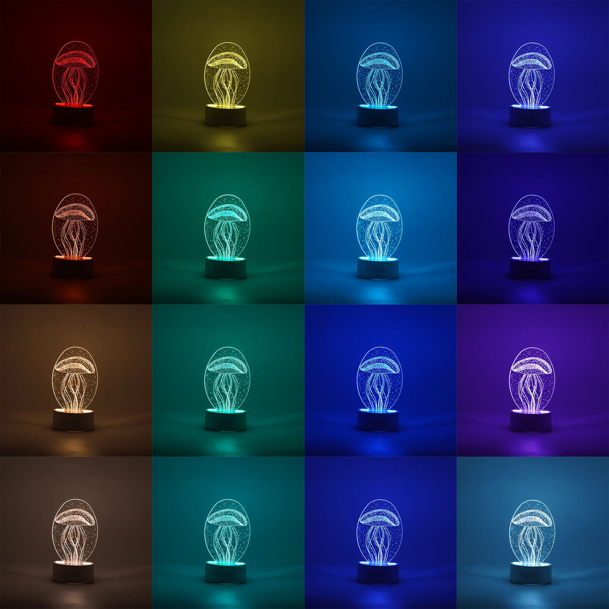 Lampa LED decorativa, Flippy, 3D, Meduza, din material acril si lumina multicolora, alb