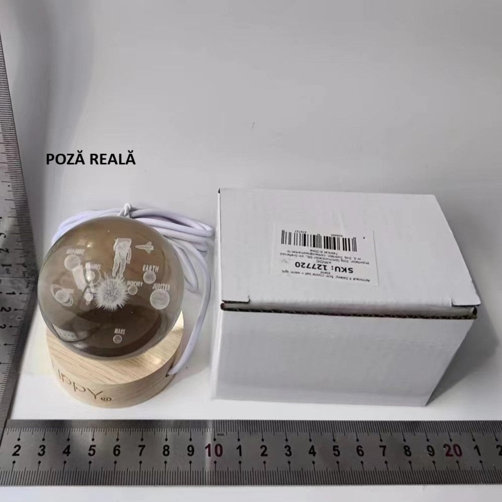 Lampa Led Decorativa, Cu Bila De Cristal Cu Diametru 6Cm, Alimentare Usb, Suport Din Lemn, Lumina