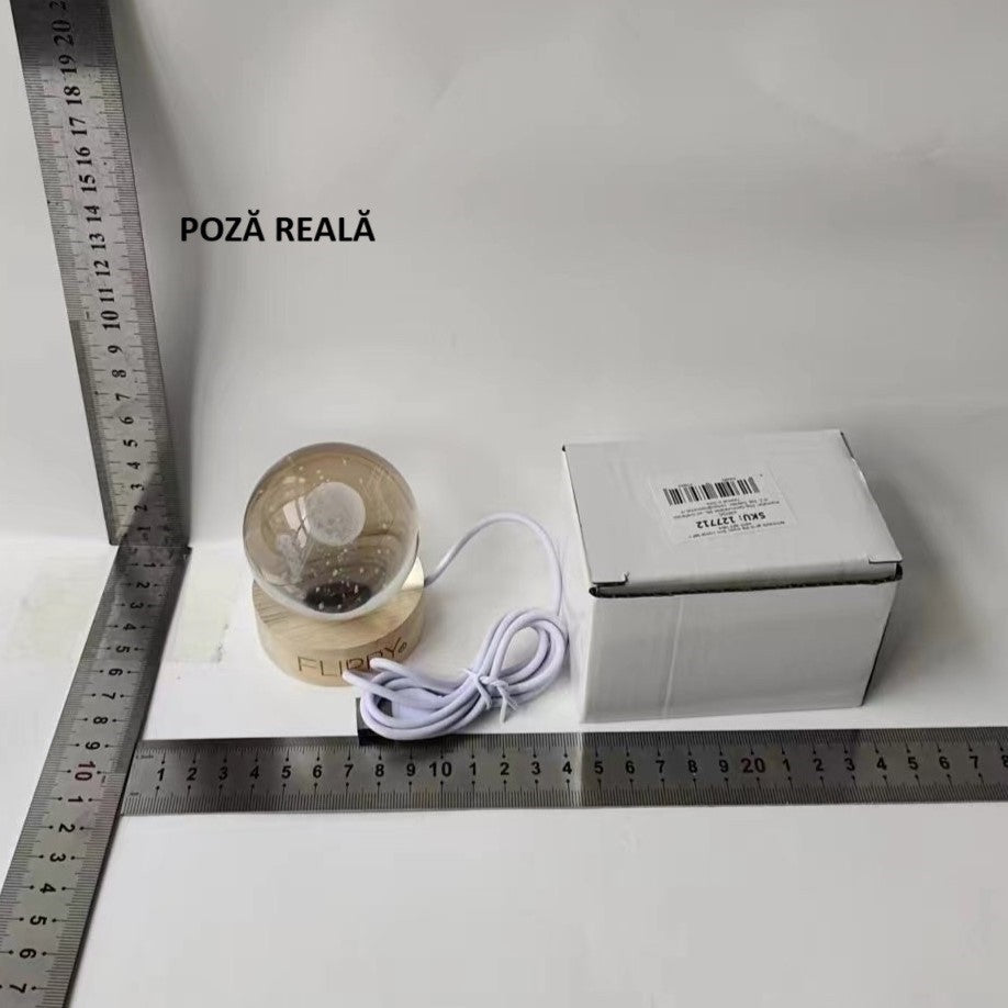 Lampa Led Decorativa, Cu Bila De Cristal Cu Diametru 6Cm, Alimentare Usb, Suport Din Lemn, Lumina - vivimall.ro