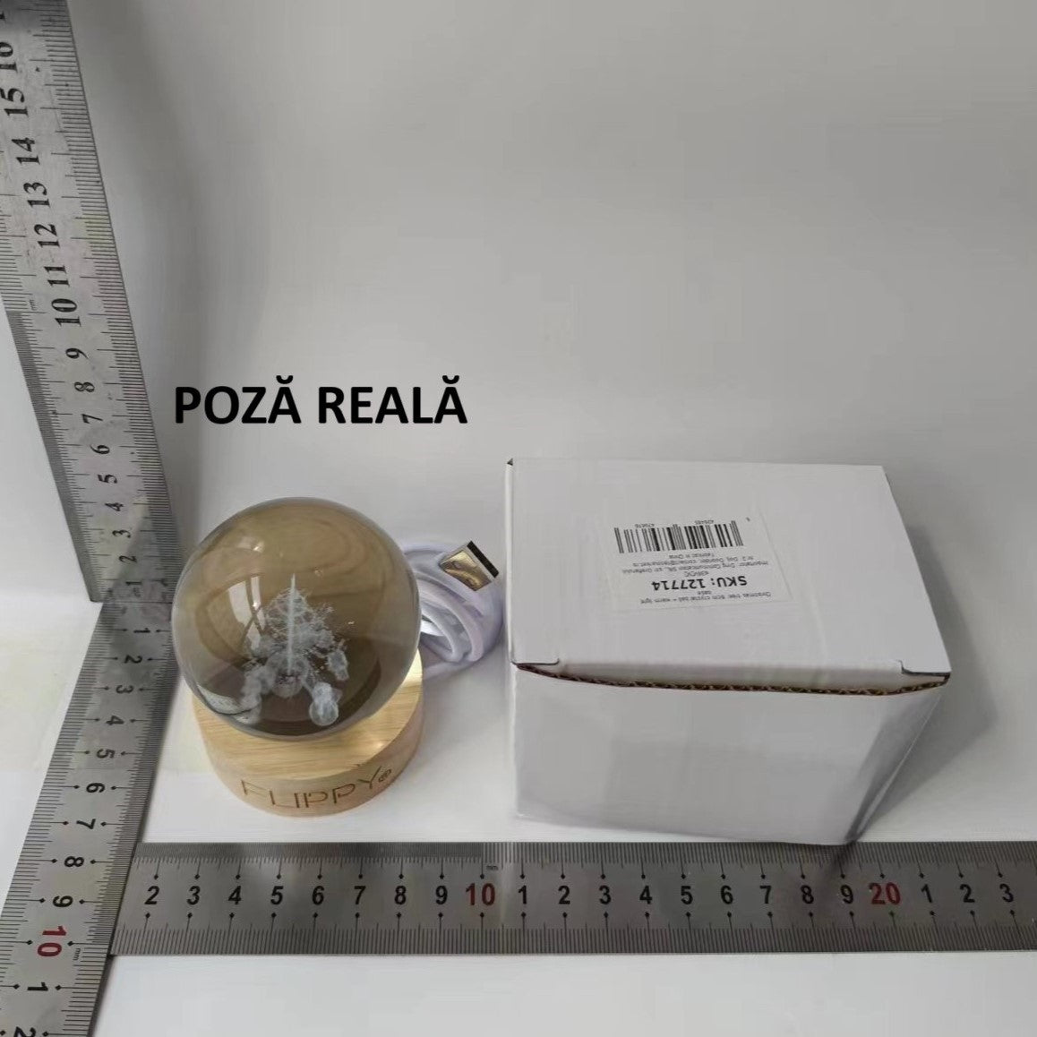 Lampa Led Decorativa, Cu Bila De Cristal Cu Diametru 6Cm, Alimentare Usb, Suport Din Lemn, Lumina