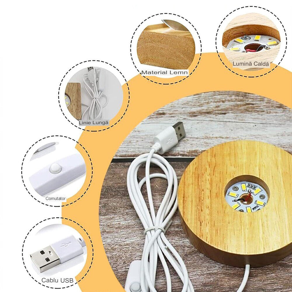 Lampa Led Decorativa, Cu Bila De Cristal Cu Diametru 6Cm, Alimentare Usb, Suport Din Lemn, Lumina