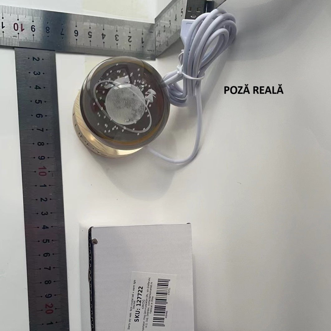 Lampa Led Decorativa, Cu Bila De Cristal Cu Diametru 6Cm, Alimentare Usb, Suport Din Lemn, Lumina
