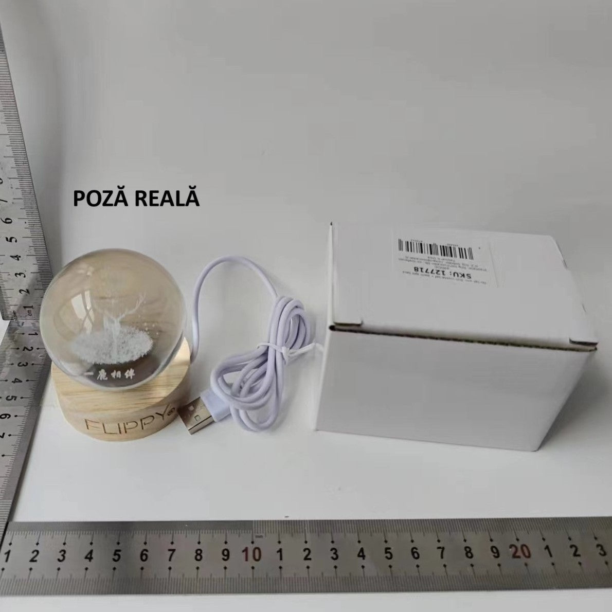 Lampa Led Decorativa, Cu Bila De Cristal Cu Diametru 6Cm, Alimentare Usb, Suport Din Lemn, Lumina