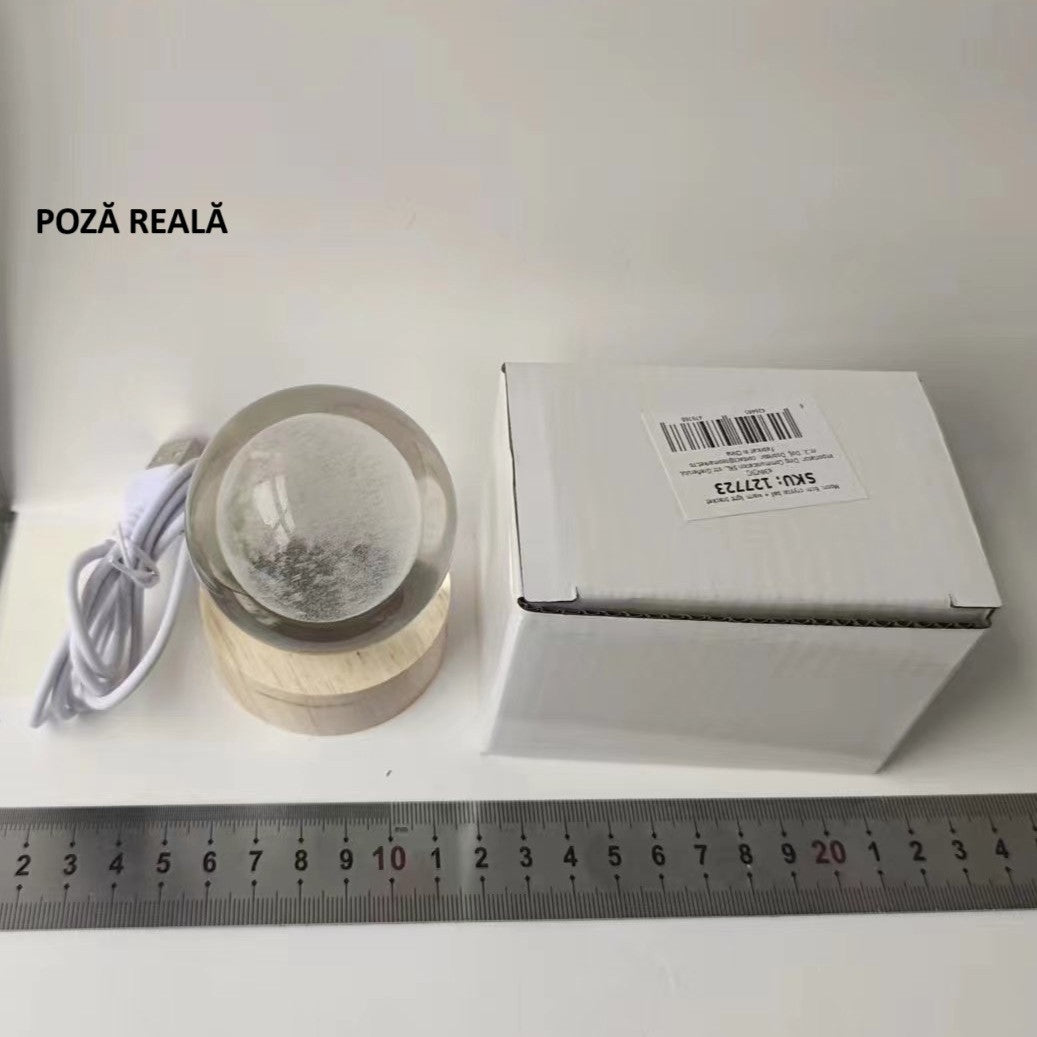 Lampa Led Decorativa, Cu Bila De Cristal Cu Diametru 6Cm, Alimentare Usb, Suport Din Lemn, Lumina