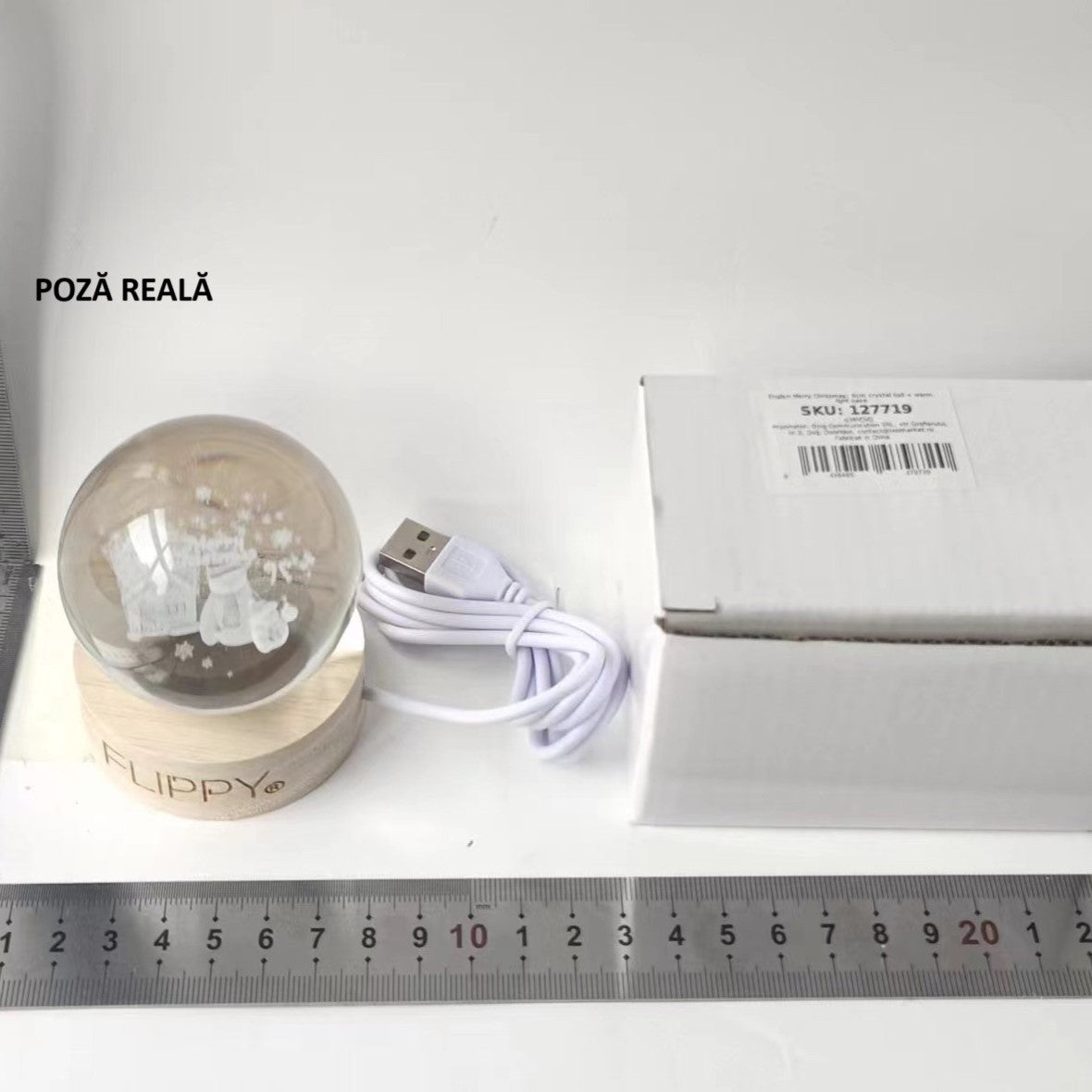 Lampa Led Decorativa, Cu Bila De Cristal Cu Diametru 6Cm, Alimentare Usb, Suport Din Lemn, Lumina