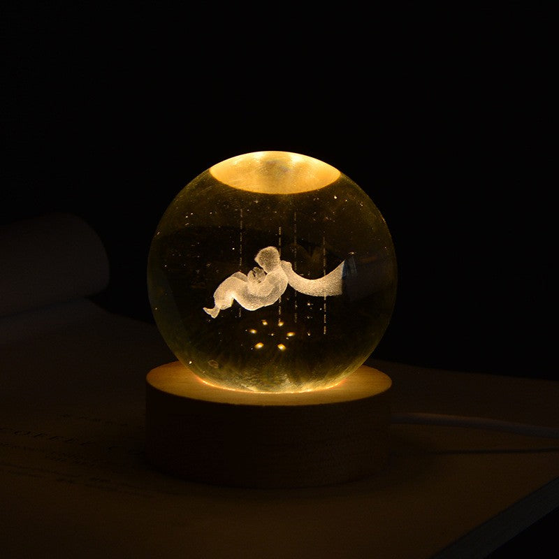 Lampa Led Decorativa, Cu Bila De Cristal Cu Diametru 6Cm, Alimentare Usb, Suport Din Lemn, Lumina