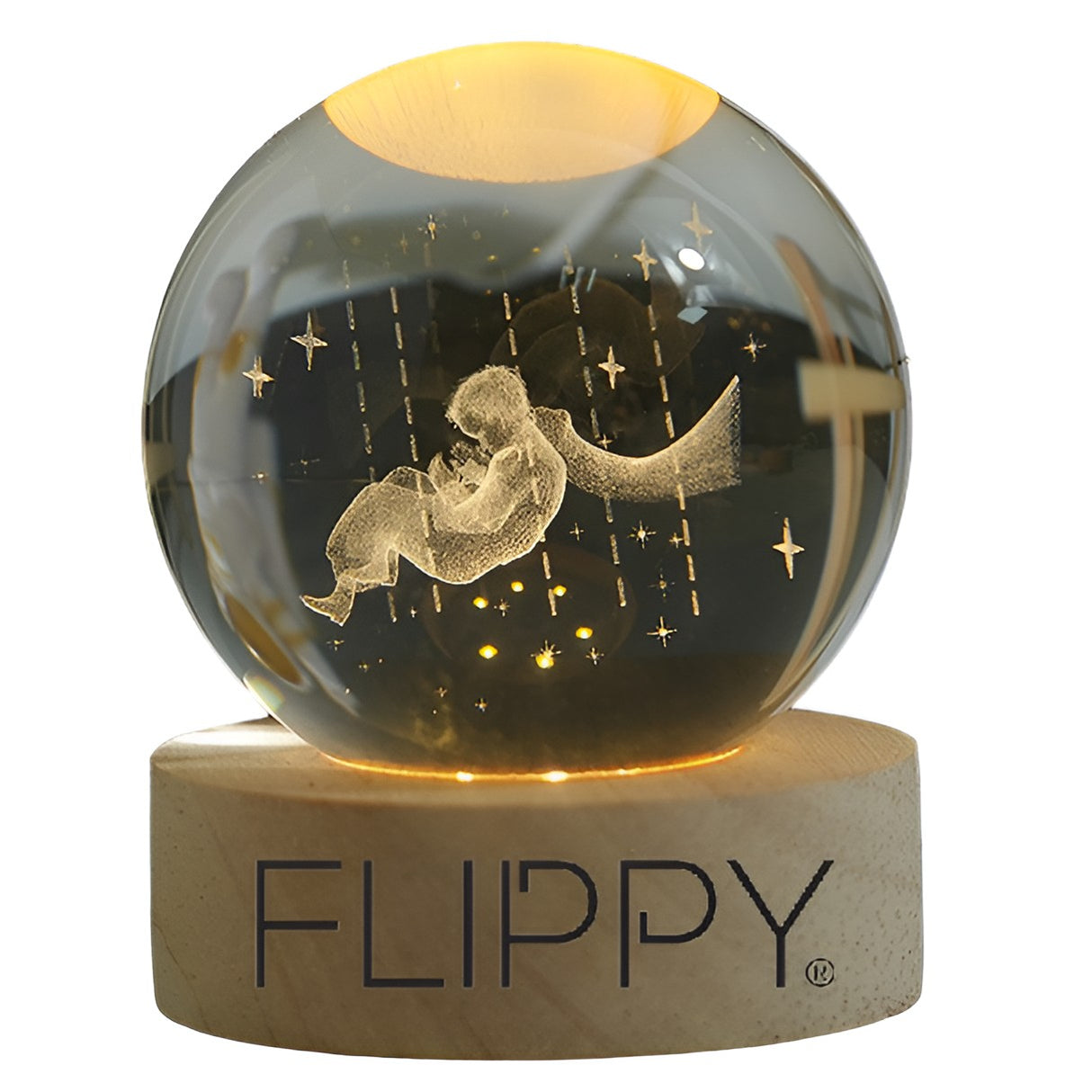 Lampa LED Decorativa, Vivimall, cu Bila de Cristal cu Diametru 6cm, Model Micul Print 3D, Alimentare USB, Suport din Lemn, Lumina Alb Cald - vivimall.ro