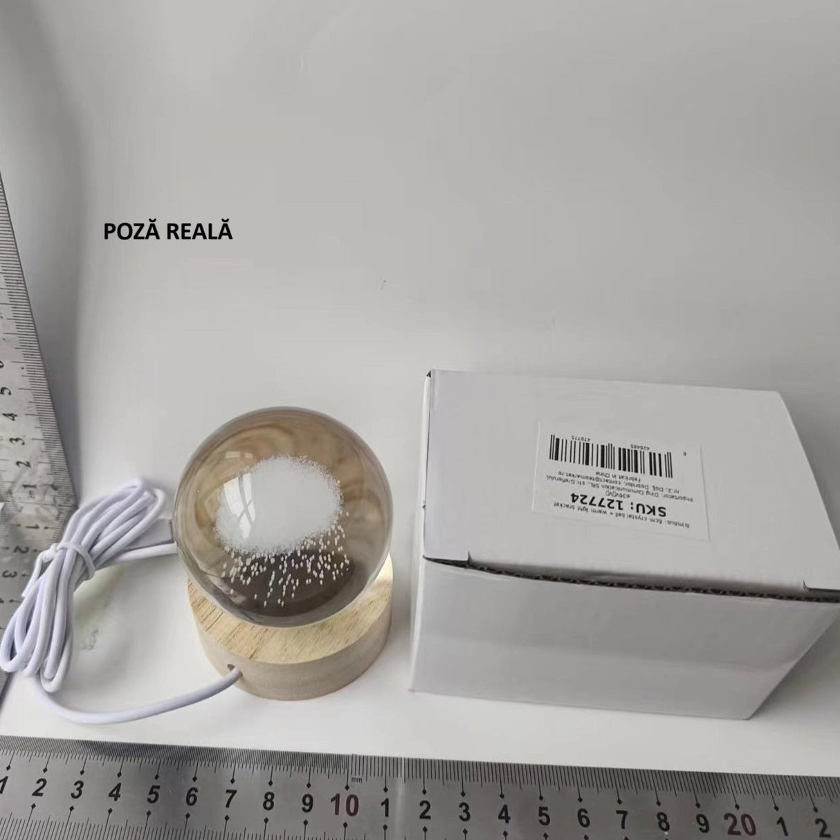 Lampa Led Decorativa, Cu Bila De Cristal Cu Diametru 6Cm, Alimentare Usb, Suport Din Lemn, Lumina