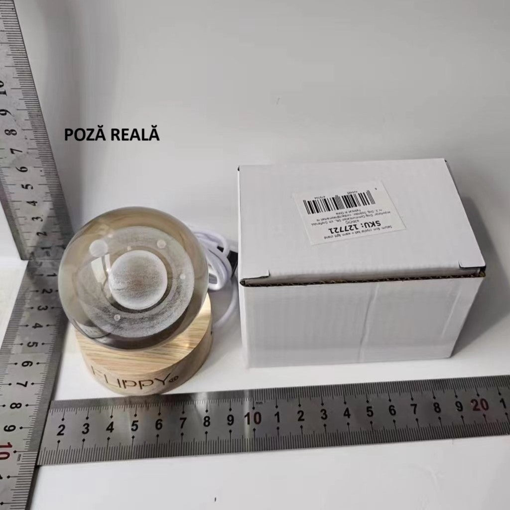 Lampa Led Decorativa, Cu Bila De Cristal Cu Diametru 6Cm, Alimentare Usb, Suport Din Lemn, Lumina