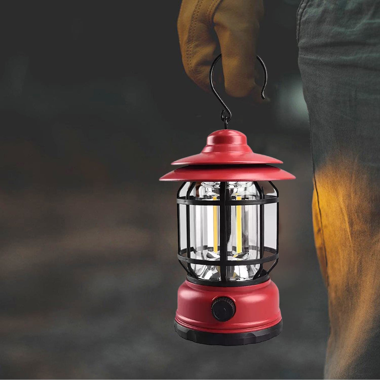 Portable camping light, vintage lantern with hook, ABS, 21 COB LED lighting, adjustable intensity, 5W, reversible, red rechargeable - vivimall.ro
