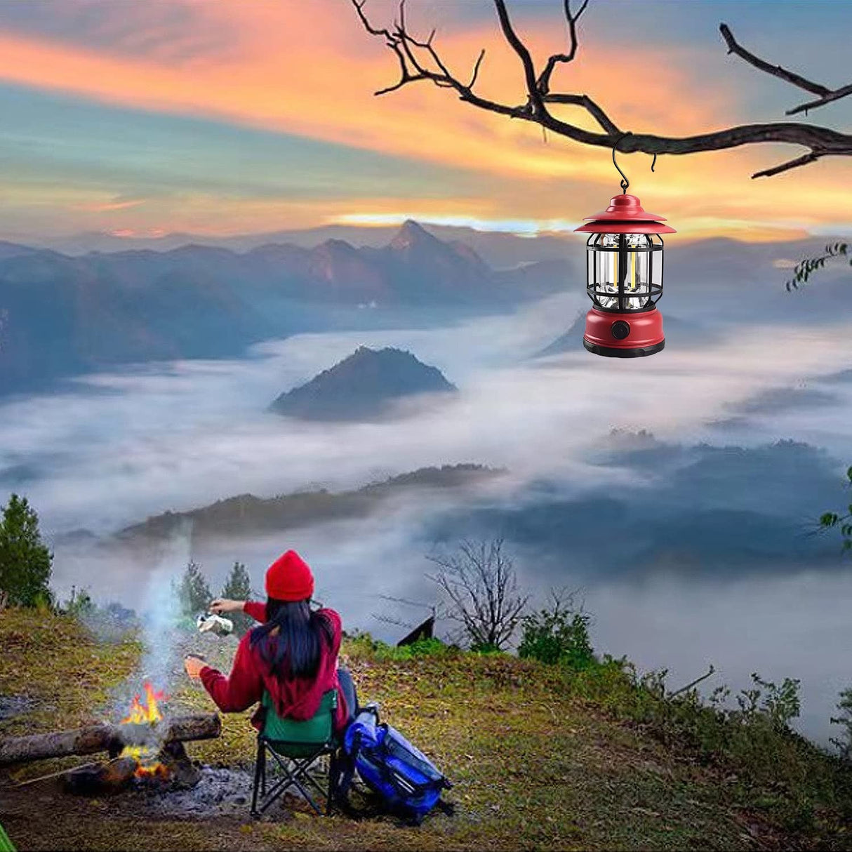 Portable camping light, vintage lantern with hook, ABS, 21 COB LED lighting, adjustable intensity, 5W, reversible, red rechargeable - vivimall.ro