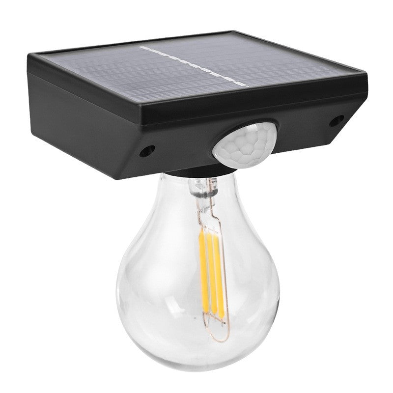 Lampa solara Vivimall, pentru exterior, tip bec, rezistenta la apa IP65, material ABS, baterie 3.7V, 1200 mah, 9.5 x 11 cm, autonomie 8 ore, senzor de miscare,  alb cald