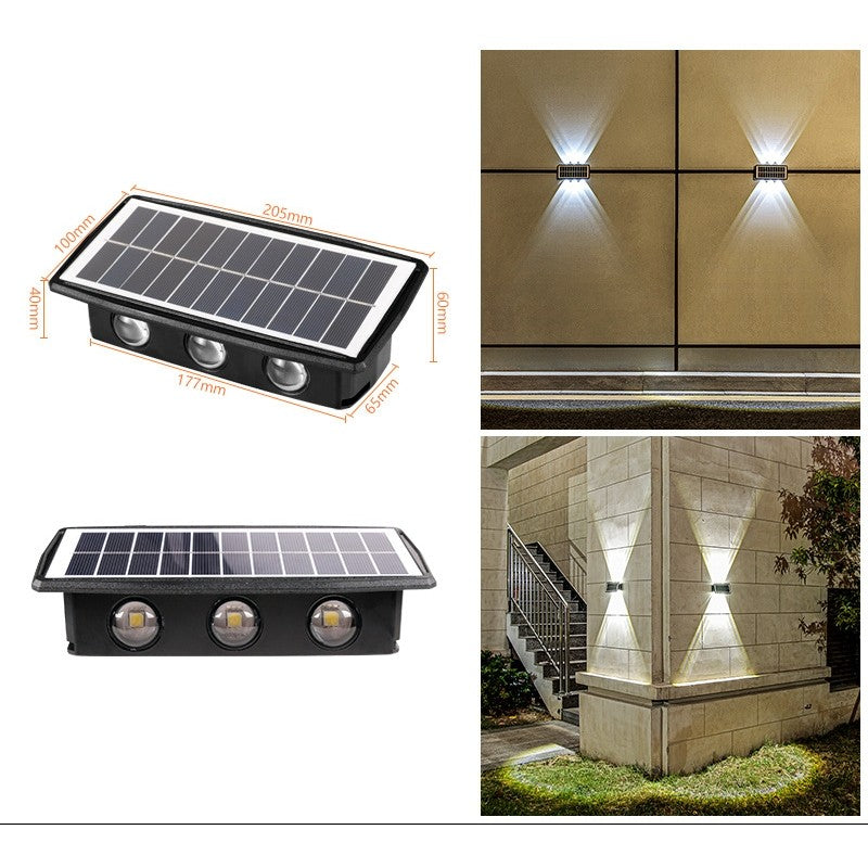 Lampa solara LED bidirectionala dreptunghiulara pentru perete Vivimall, 20.5x10 cm, 6 LED-uri, 5.5V, ABS, 500mAh, rezistent la apa IP65, alb rece