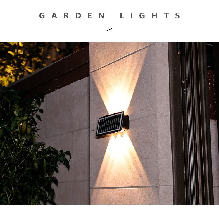 Lampa solara LED bidirectionala dreptunghiulara pentru perete Vivimall, 20.5x10 cm, 6 LED-uri, 5.5V, ABS, 500mAh, rezistent la apa IP65, alb cald