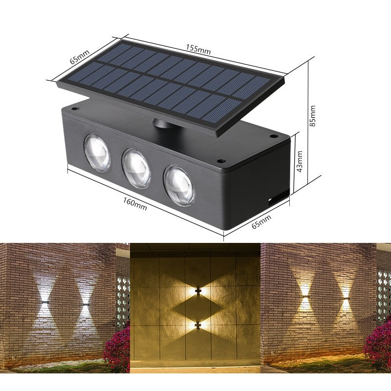 Lampa solara LED bidirectionala Vivimall, cu panou ajustabil, comutator culoare lumina, pentru perete, scari, gradina, terasa, 16 x 6.5 cm, 6 LED-uri, material ABS, baterie 3.7 V, 1200mah, multicolor