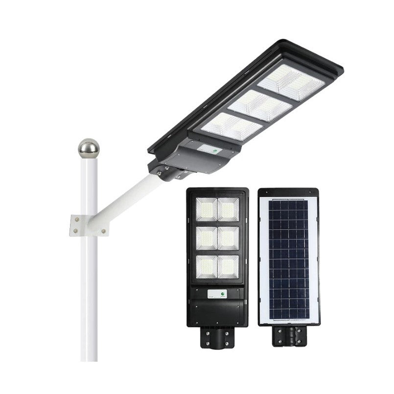 Lampa solara stradala Vivimall, cu telecomanda, senzor de miscare si lumina, suport prindere, 135 LED-uri, IP65, ABS, 8AH, 100W, temperatura culoare 6500K, 48.5x22x6.8 cm, autonomie 10-12 ore, negru