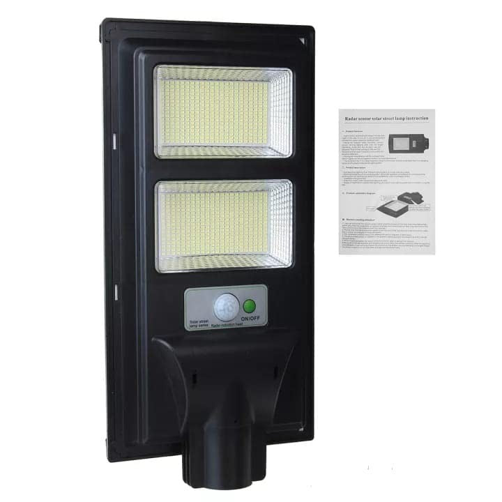 Lampa solara stradala Vivimall, cu suport de prindere si telecomanda, senzor de miscare si lumina, 96 LED-uri, IP65, ABS, 5AH, 100W, temperatura culoare 6500K, 37.8x18.8x5 cm, autonomie 10-12 ore, negru