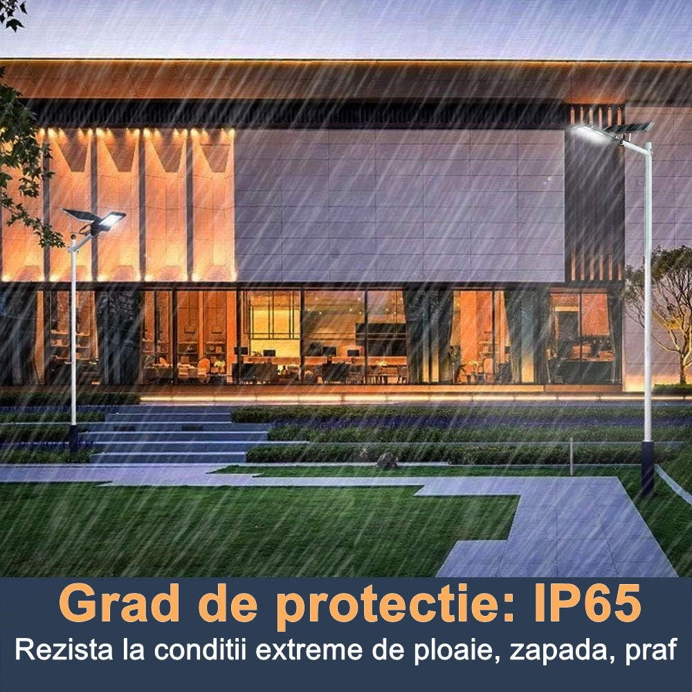 Lampa solara stradala Vivimall, IP65, senzor de lumina, 417 LED-uri SMD, 24000 lm, 300W, autonomie 12-16 ore, telecomanda, montare prin fixare, pentru strada sau gradina, finisaj lucios, material ABS, 49.5 x 21 x 6.5 cm, lumina alb rece