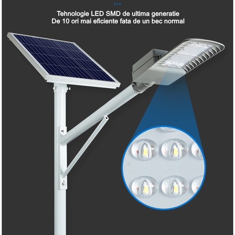Lampa solara stradala Flippy, IP65, senzor de lumina, 60 LED-uri SMD, 2250 lm, panou 25W, putere 200W, autonomie 12-16 ore, telecomanda, montare prin fixare, pentru strada sau gradina, finisaj mat, material ABS, 51.5 x 21 x 7.5, gri