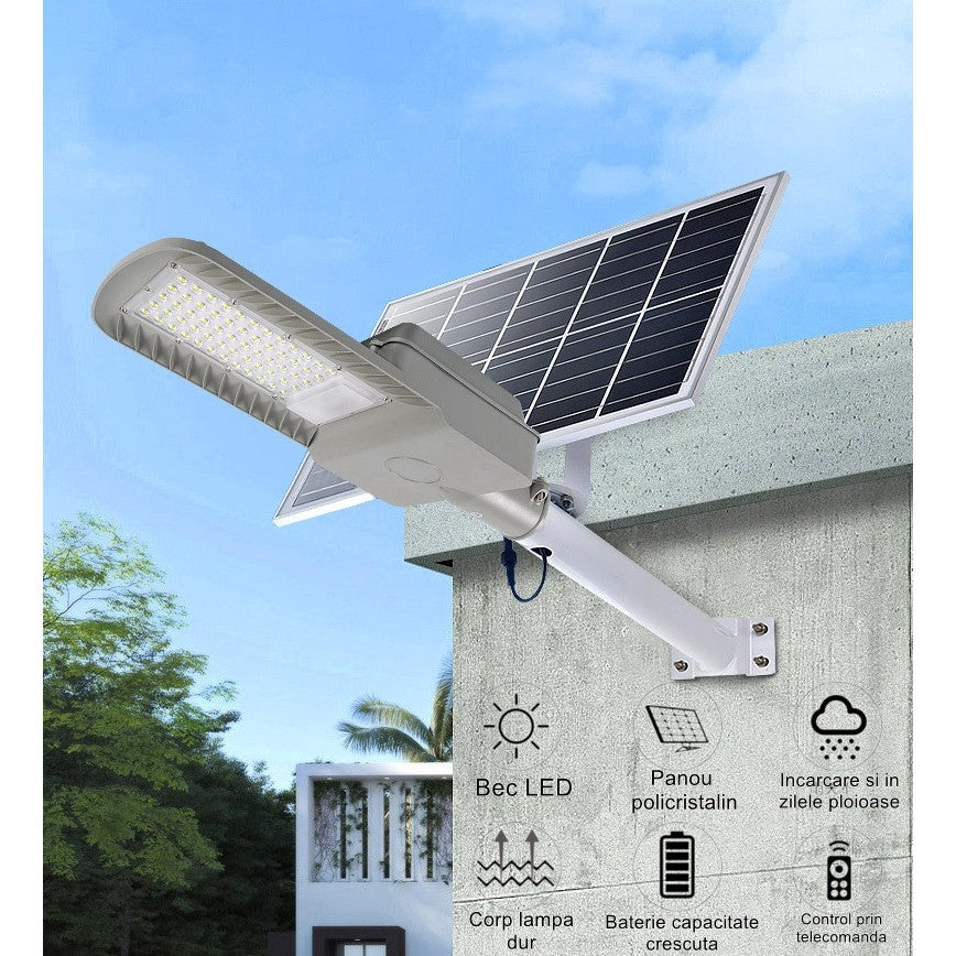 Lampa solara stradala Flippy, IP65, senzor de lumina, 60 LED-uri SMD, 2250 lm, panou 25W, putere 200W, autonomie 12-16 ore, telecomanda, montare prin fixare, pentru strada sau gradina, finisaj mat, material ABS, 51.5 x 21 x 7.5, gri