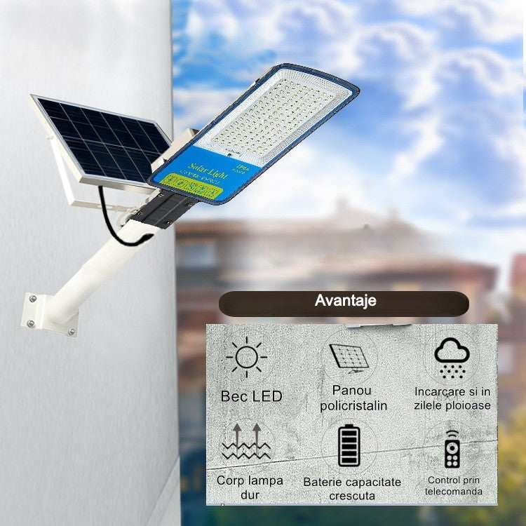 Lampa solara stradala Flippy, IP66, senzor de lumina, 240 LED-uri SMD, 3200 lm, panou 35W, putere 400W, autonomie 12-16 ore, telecomanda, montare prin fixare, pentru strada sau gradina, finisaj mat, material ABS, 49 x 21 x 5.5 cm, gri