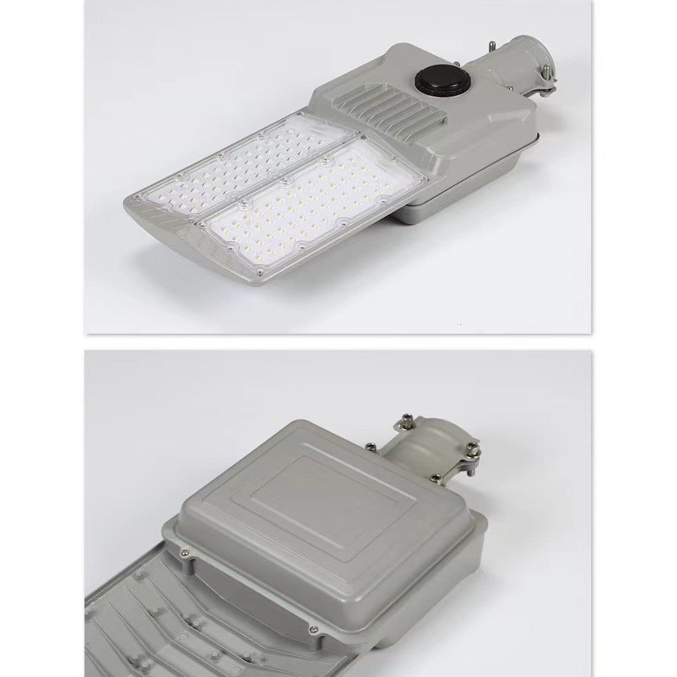 Lampa solara stradala Vivimall, pentru curte sau strada, cu doua grile, finisaj mat, rezistent la apa, montare prin fixare, senzor lumina, baterie de litiu, IP65, lumina rece, putere 300W, autonomie 10 ore, 51.5 x 21 cm, gri