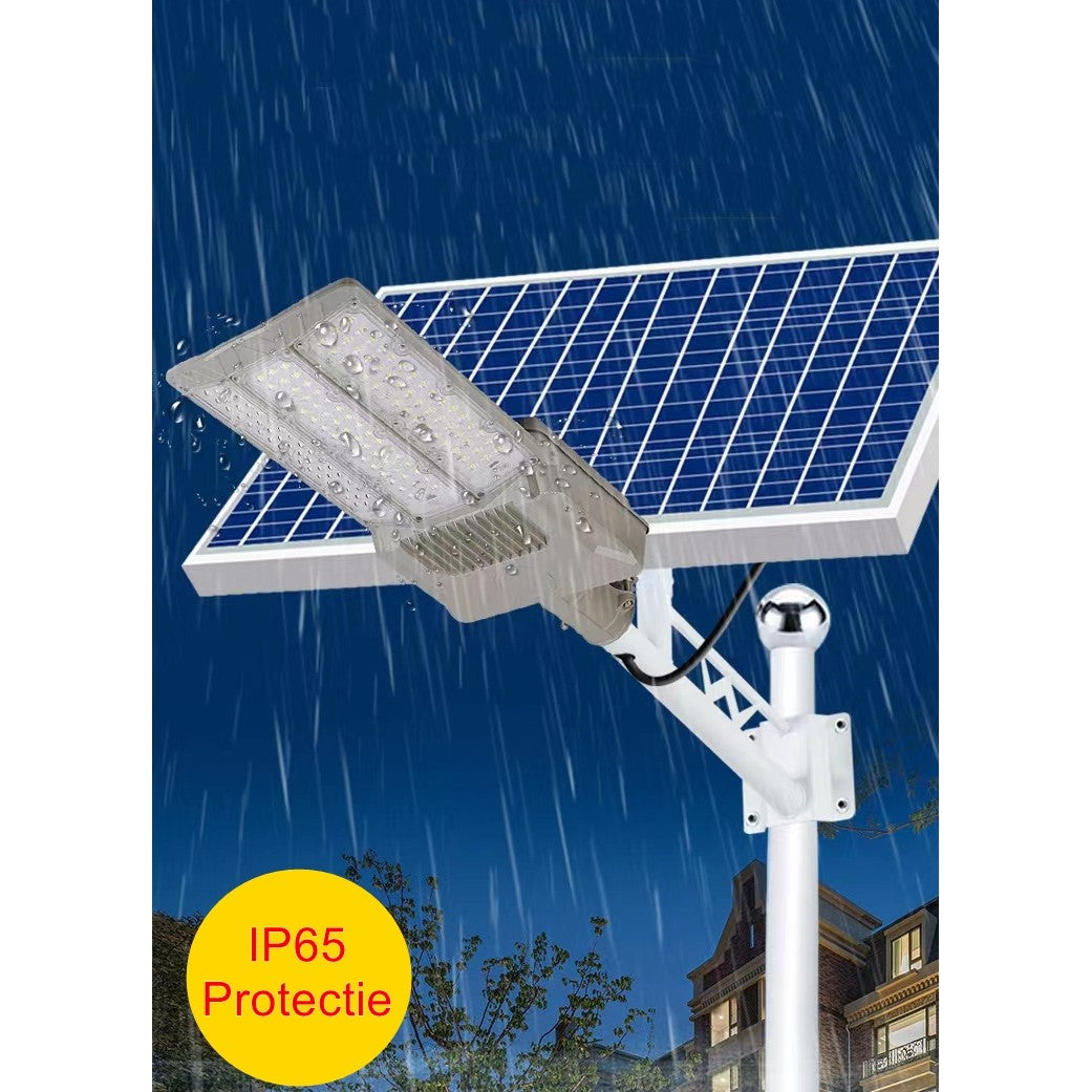 Lampa solara stradala Vivimall, pentru curte sau strada, cu doua grile, finisaj mat, rezistent la apa, montare prin fixare, senzor lumina, baterie de litiu, IP65, lumina rece, putere 500W, autonomie 10 ore, 55 x 23 x 9 cm, gri