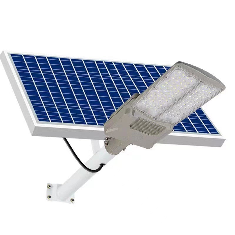 Lampa solara stradala Vivimall, pentru curte sau strada, cu doua grile, finisaj mat, rezistent la apa, montare prin fixare, senzor lumina, baterie de litiu, IP65, lumina rece, putere 300W, autonomie 10 ore, 51.5 x 21 cm, gri