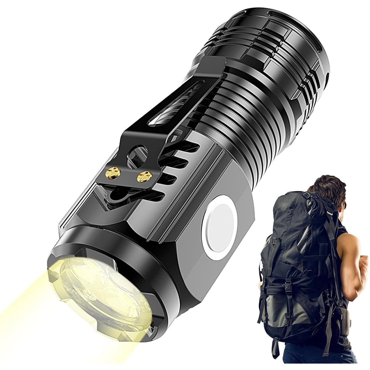 Lanterna cu 3 Nuclee Led, Vivimall, Incarcare USB, Autonomie 4-20h, Raza Maxima 100-200 m, 5W, 4 x 4 x 9 cm, Suport de Agatat, Fund Magnetic, Negru Galvanizat - vivimall.ro