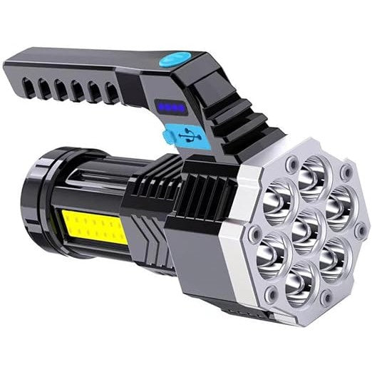 Lanterna LED Lumina Puternica, Rezistenta la Apa, Tip Proiector COB, Vivimall, Lanternă Reincarcabila, USB, cu Maner pentru Drumetii, Lanterna de Urgenta, Aer Liber, 14.1 x 6.4 cm, Culoare Negru cu Comutator Albastru - vivimall.ro