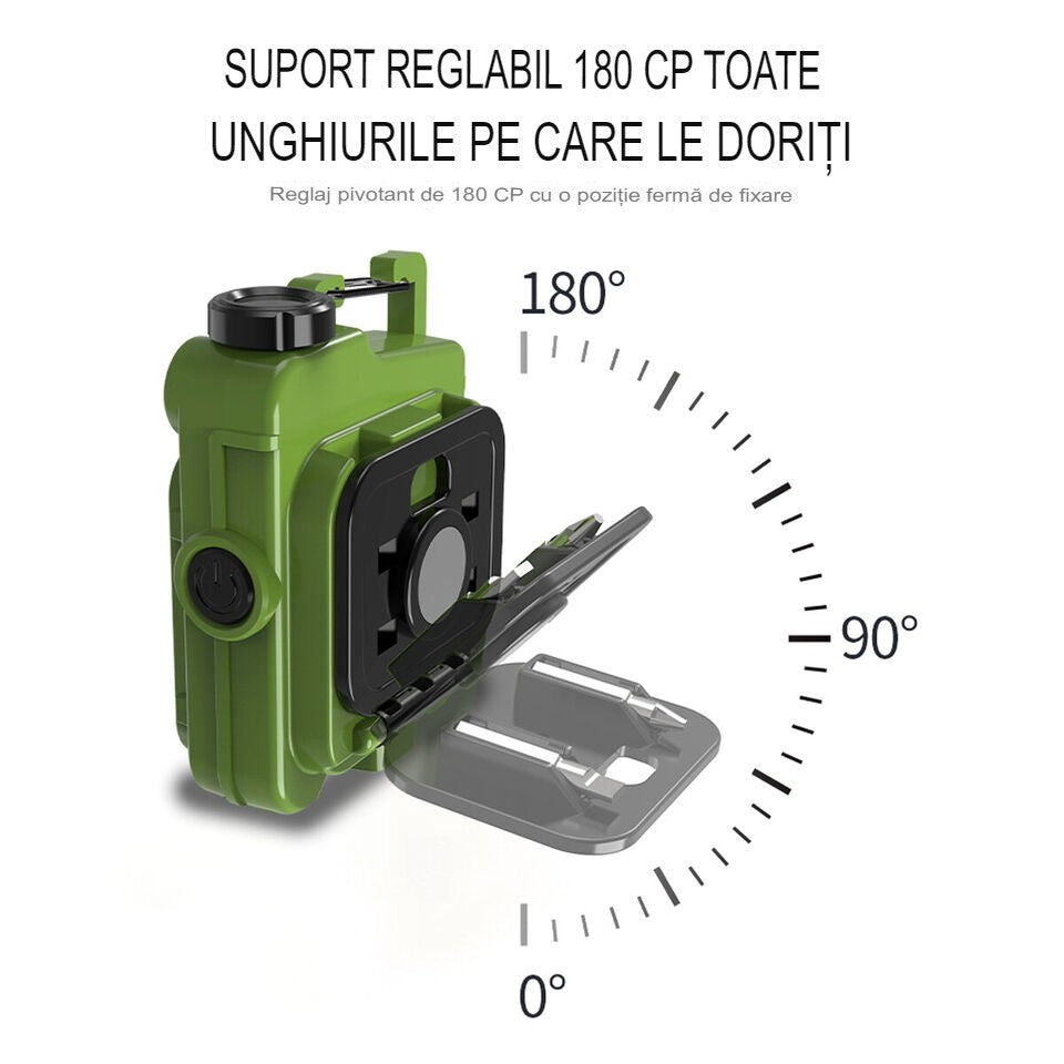 Lanternă mini Elvis verde în uz camping exterior, lumină COB activată, unghi reglabil