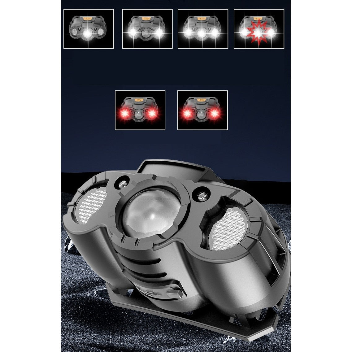 Lanterna LED de Cap, Flippy, cu Suport Inclus, Incarcare USB Tip C, Raza 100-200m, 5W, 6 Trepte de Lumina, 400 mAh, Gri