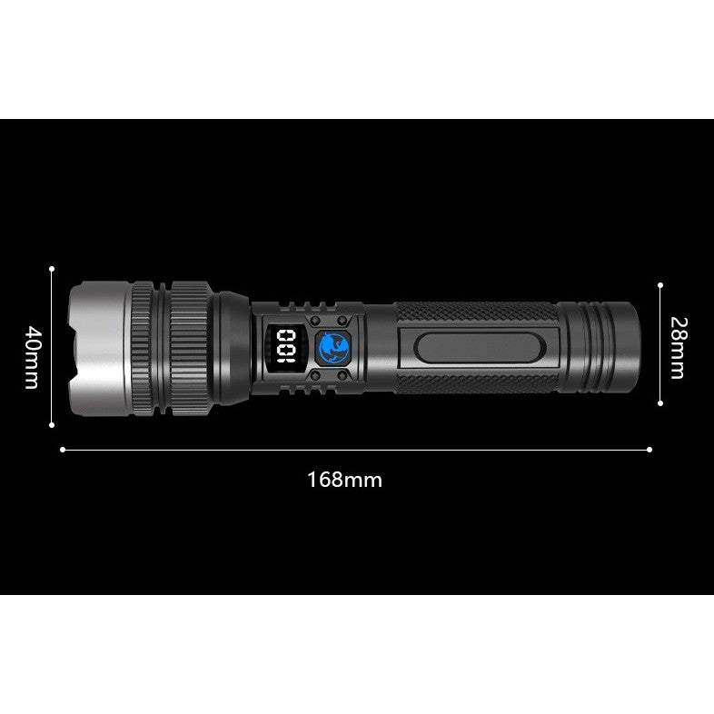 Lanternă LED T6 cu port USB-C și ieșire USB pentru încărcare telefon, vedere laterală