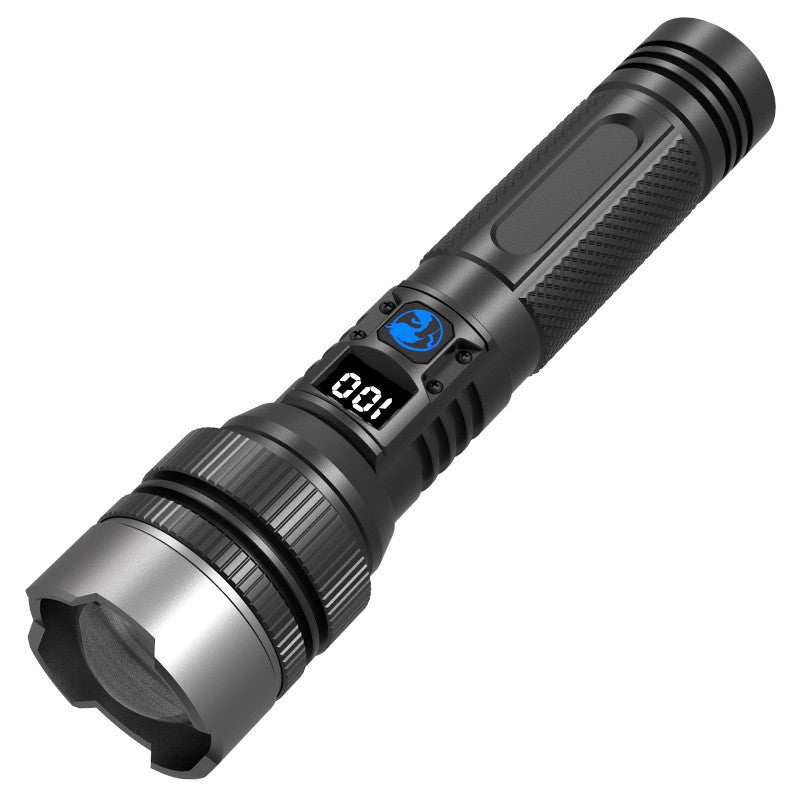 Lanternă LED T6 cu acumulator 1800 mAh și zoom telescopic, vedere frontală, model negru
