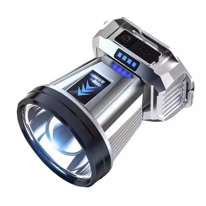 Lanterna Power Bank LED, Vivimall, cu Suport pentru Cap, Incarcare USB, Raza 100-200m, 5W, 3 Trepte de Lumina, Afisaj Baterie, Argintiu - vivimall.ro