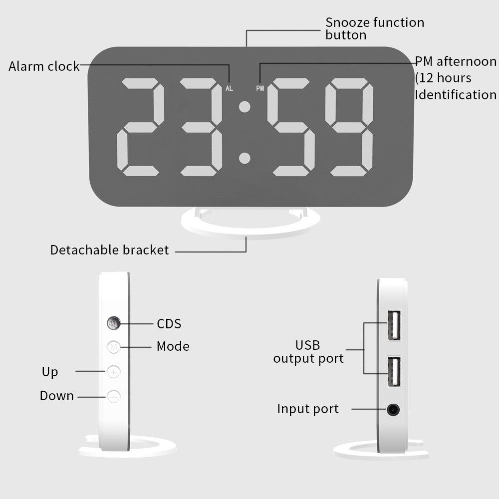 Ceas digital cu LED, Vivimall, multifunctional, afisaj digital, alarma, 2 porturi USB de iesire, ecran tip oglinda, modern, 15.8 cm, alb - vivimall.ro