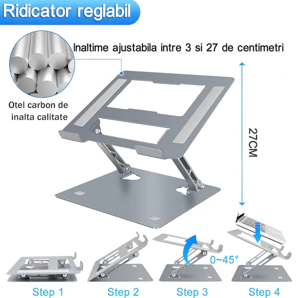 Stand laptop Flippy ajustabil pe înălțime, detaliu inserții anti-alunecare și structură metalică robustă
