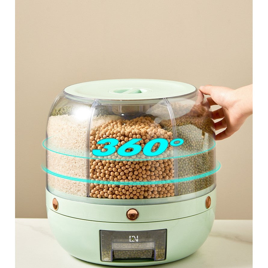 Dozator de cereale Vivimall, rotativ 360, 6 compartimente, capacitate 6 L, rezistent la umezeala, inchidere etansa, verde deschis - vivimall.ro