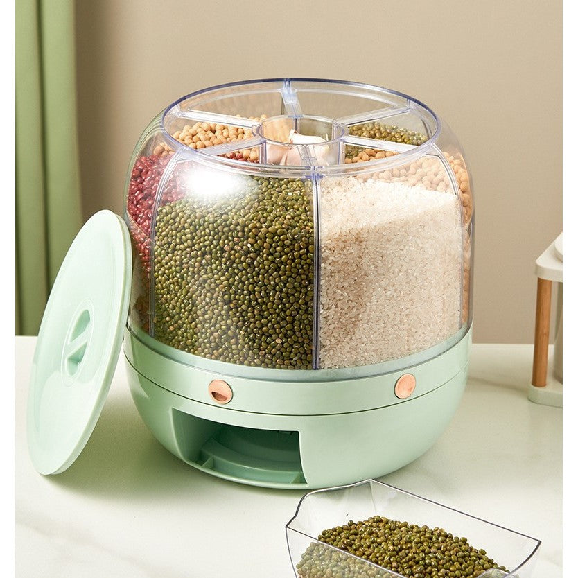 Dozator de cereale Vivimall, rotativ 360, 6 compartimente, capacitate 6 L, rezistent la umezeala, inchidere etansa, verde deschis - vivimall.ro